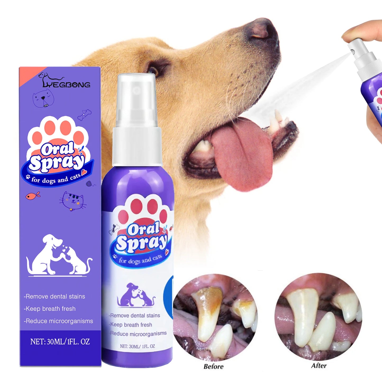 Pet Dental Spray for Dogs and Cats Freshen Breath Remove Plaque Tartar Oral Care Water Additive Easy Use 30ml No Brush Needed