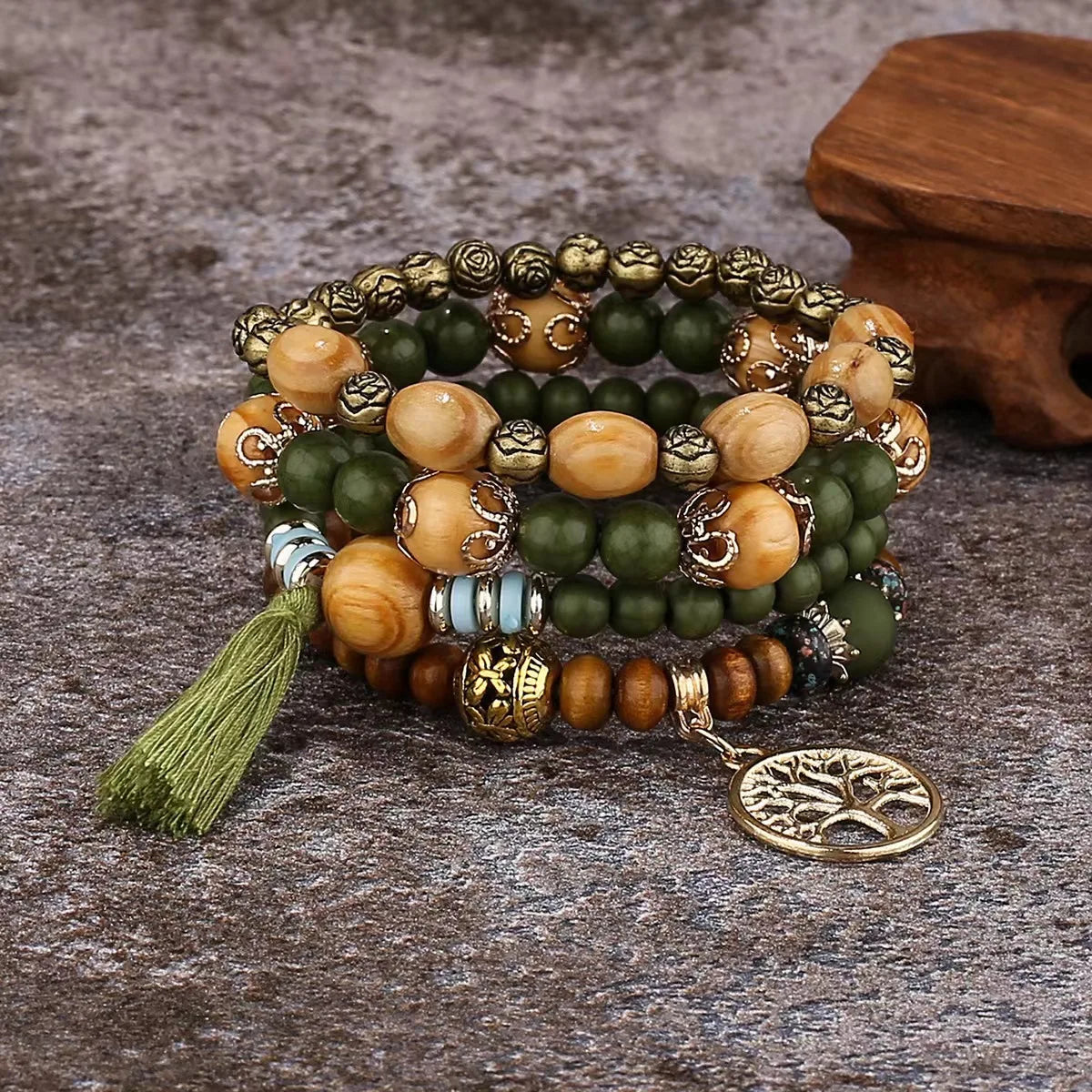 Bohemian Bracelet Creative Ladies Tree of Life Tassel Multi-layer Wooden Beaded Ethnic Style Fashion Women Bracelets Jewelry