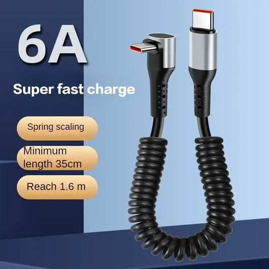 66W 90 Degree Spring USB Type C Cable Mobile Phone 6A Fast Charging Type-C Cord for Samsung Xiaomi Game Car Phone Charging Cable