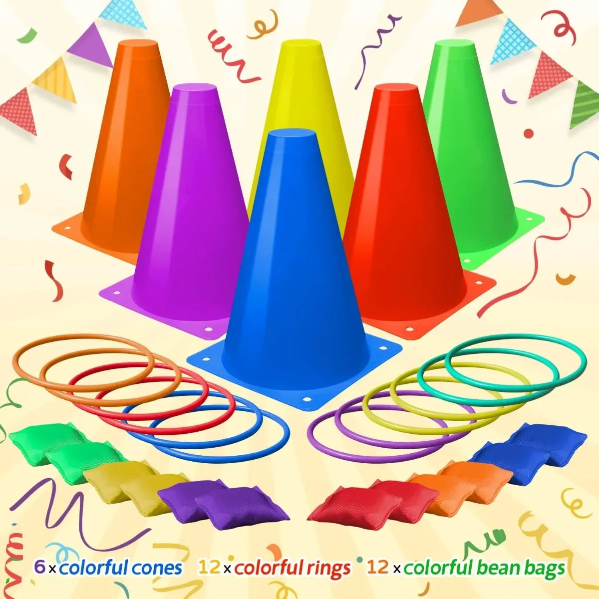 3 in 1 Soft Plastic Cones Bean Bags and Ring Toss Games Set for Kids Outdoor Birthday Party 32 Piece Carnival Fun