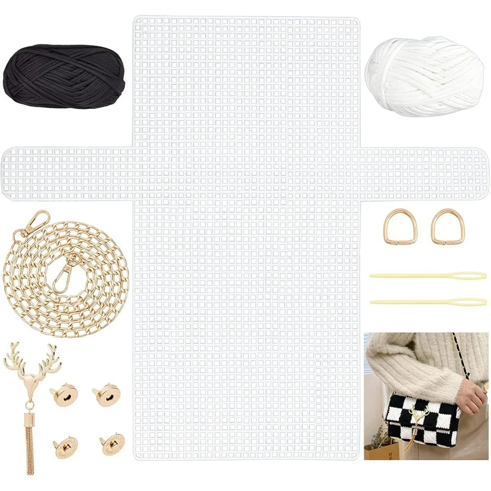 DIY Knitting Crochet Bag Kit with Mesh Plastic Canvas Sheets and Ribbons for Crafting Stylish Shoulder Bags