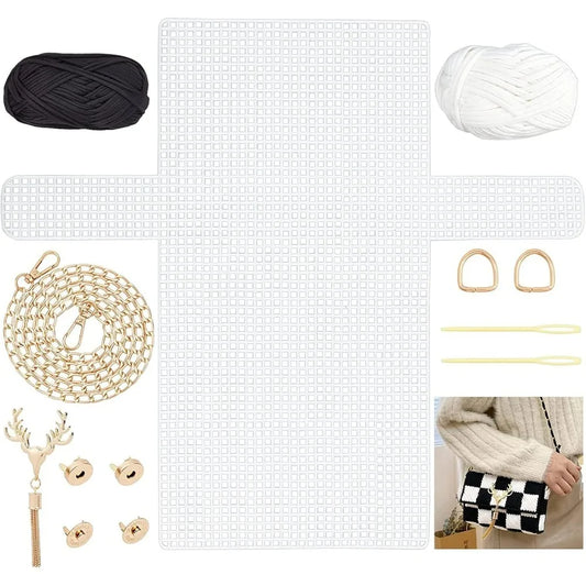 DIY Knitting Crochet Bag Kit with Mesh Plastic Canvas Sheets and Ribbons for Crafting Stylish Shoulder Bags