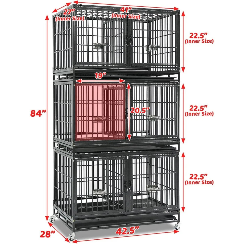 Three Tiers 43 inch Heavy Duty Dog Crate with Wheels, Stackable Indestructible Steel Dog Cage Kennel Indoor with Divider, Trays