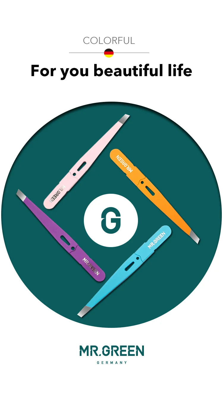 MR Green Stainless Steel Slanted Eyebrow Tweezers Colorful Beauty Tool for Precision Hair Removal
