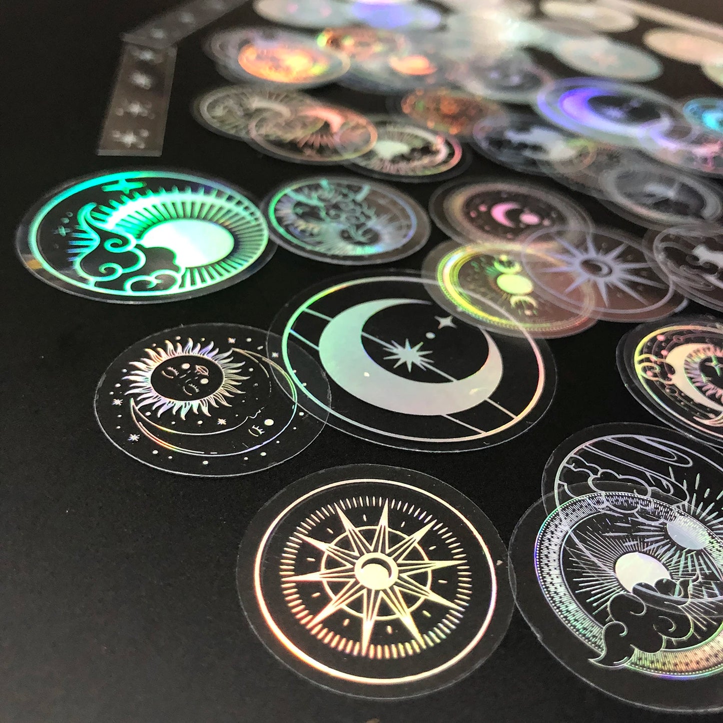 70 Pcs Glitter Gold PET Adhesive Stickers Waterproof Transparent Label Sun Moon Stars Design