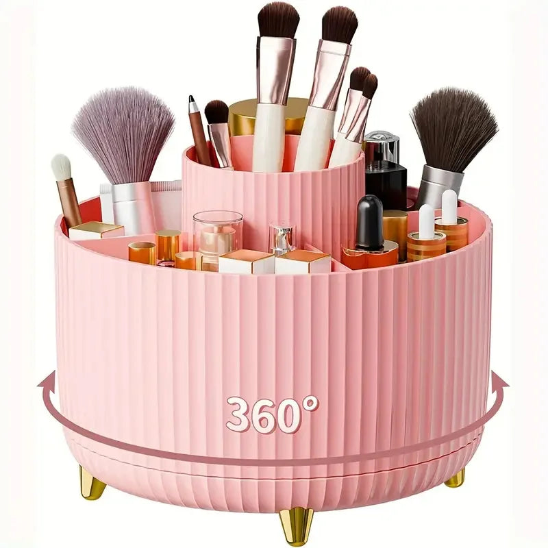 1pc 360°Rotating Makeup Organizer Storage Elegant Stripe Makeup Brushes Holder 5-Compartment Cosmetic Holder for Vanity Bathroom