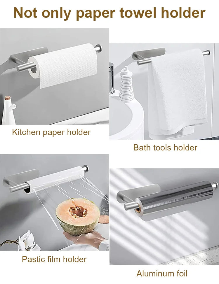 Soporte de toalla de papel de acero inoxidable, soporte adhesivo para rollo de papel higiénico, sin perforaciones, para cocina, baño, inodoro, estante de almacenamiento alargado