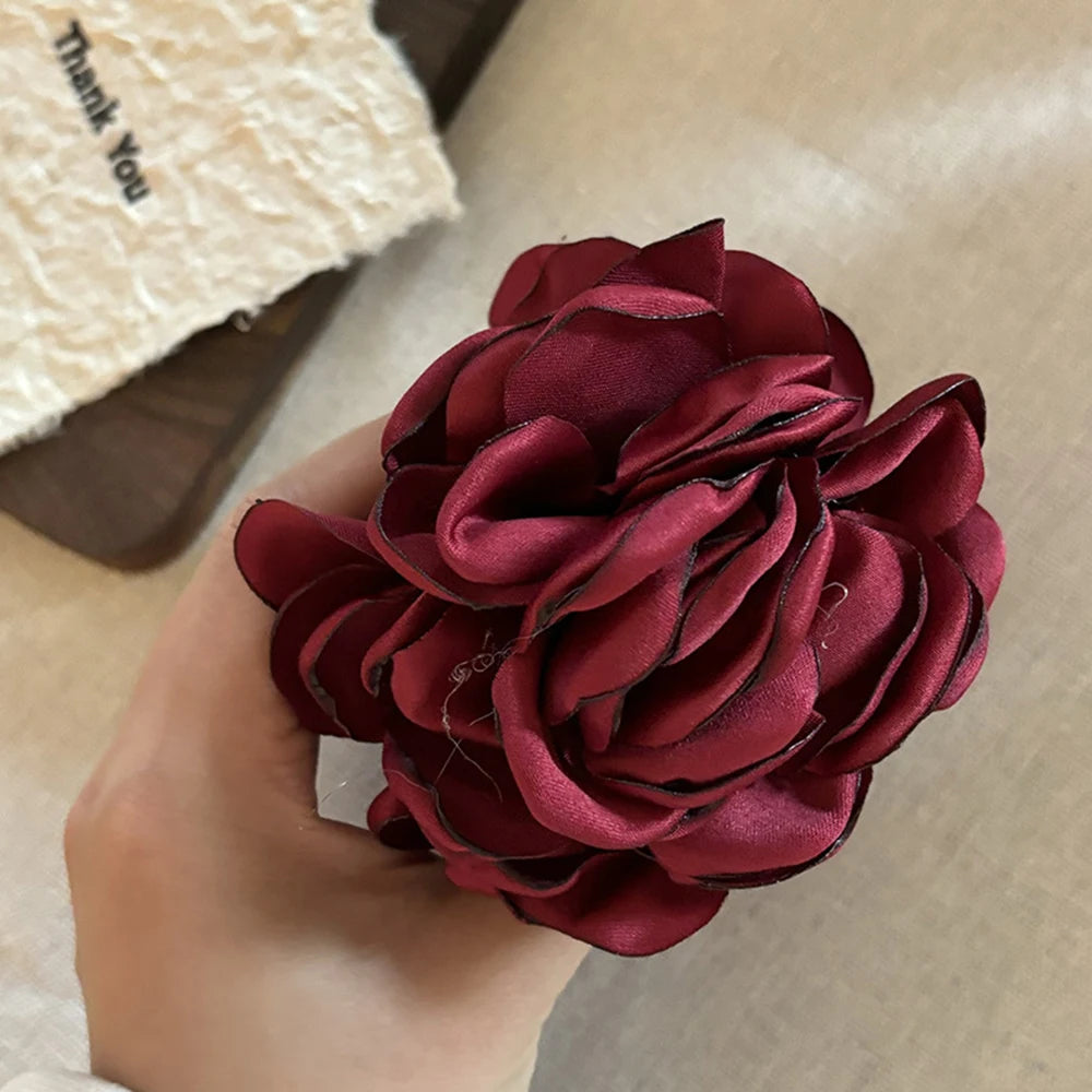 Fashion Satin Rose Flower Large Hair Claw Clip for Women 2024 Spring Summer Trendy Design Korean Colored Hairpin Headdress