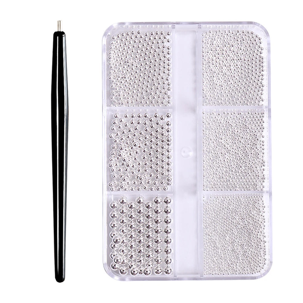 12 Grids Mini Caviar Beads Nail Art Charms 3D Metal Gold Silver Steel Ball (0.4mm-1.5mm) Nail Parts With Magnetic Pen Nail Decor