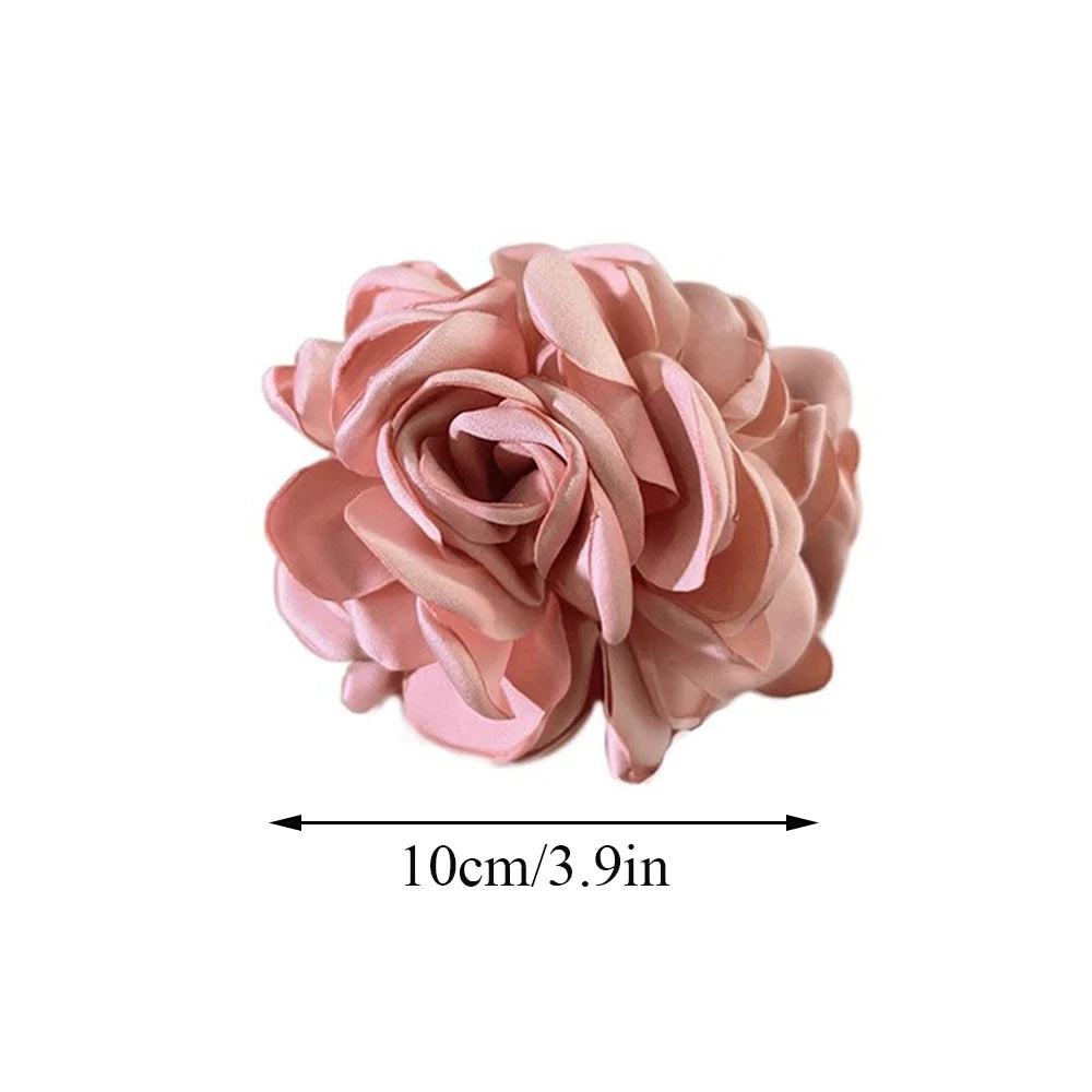 Fashion Satin Rose Flower Large Hair Claw Clip for Women 2024 Spring Summer Trendy Design Korean Colored Hairpin Headdress