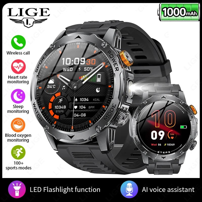 LIGE 2025 New For HUAWEI Xiaomi 1000mah AMOLED Smart Watch Men Sports Fitness LED Flashlight 3ATM Waterproof BT Call Smartwatch