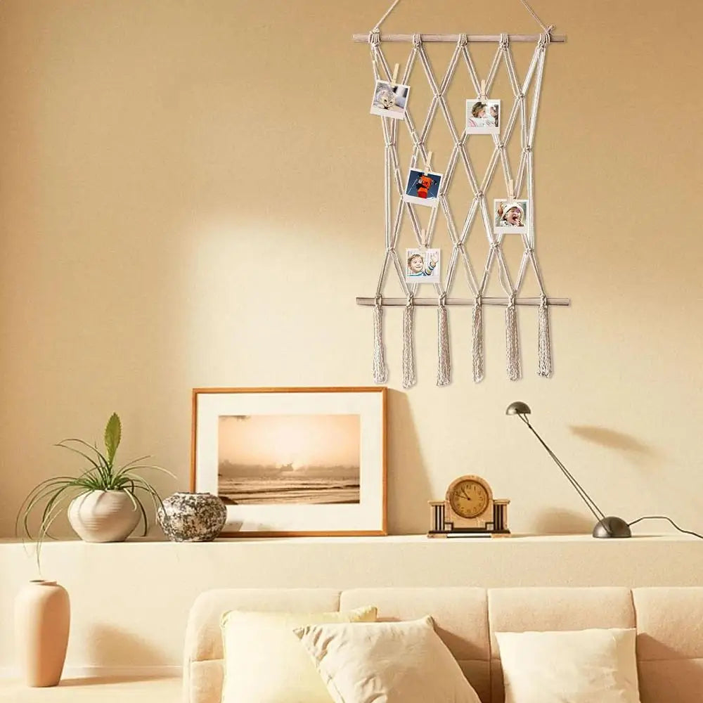 Hanging Photo Display Macrame Wall Art with 10 Clips Boho Decor