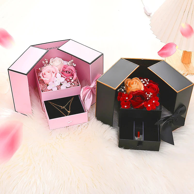 Rose Jewelry Gift Box Bow Packaging Luxury Double Door Drawer Necklace For Girlfriend Mom Simulation Flower Creative Romantic