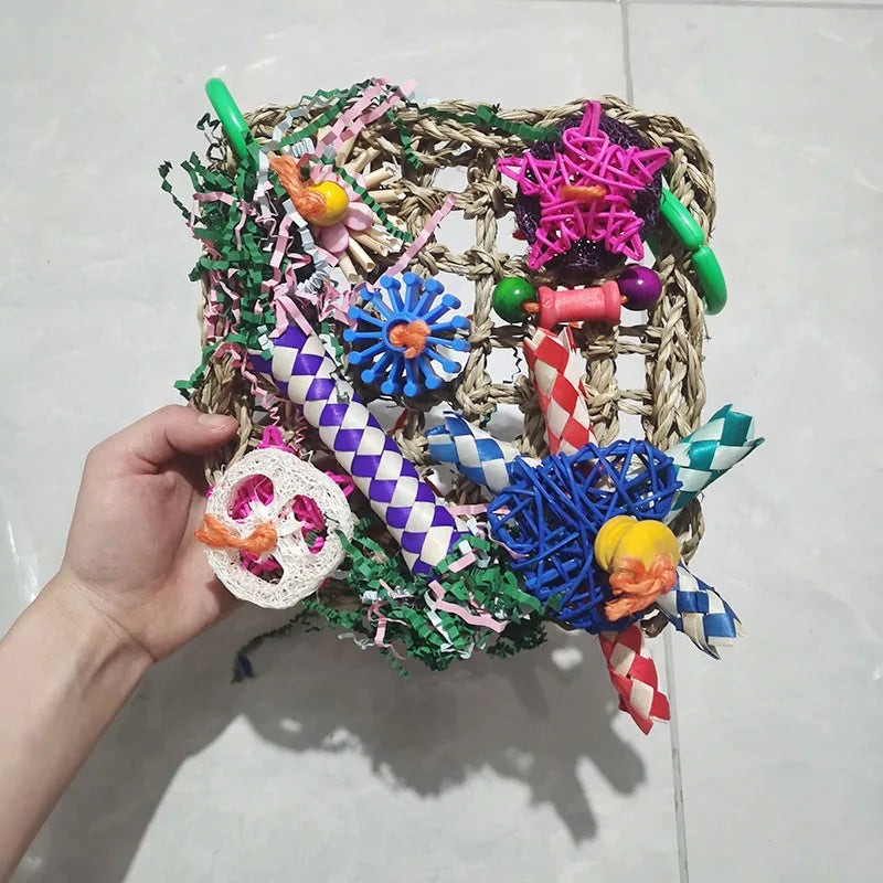 Parrot Bird Toys Foraging Wall Edible Seagrass Woven Climbing net Mat with Colorful Chewing Toys for Parakeet Bird Hanging Cage