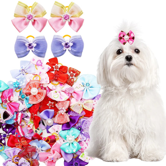 10/20PCS Diamond Puppy Bows Multi Style Dog Bows With Rubber Bands Pet Hair Accessories For Dogs Handmade Dog Hair Bows Supplies