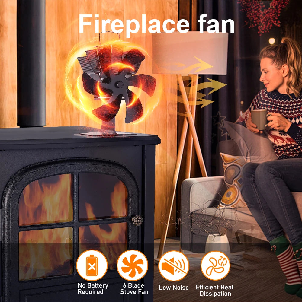 6 Blades Heat Powered Stove Fan Log Wood Burner Eco-fan Quiet Fireplace Fan Winter Warm Home Heater Efficient Heat Distribution