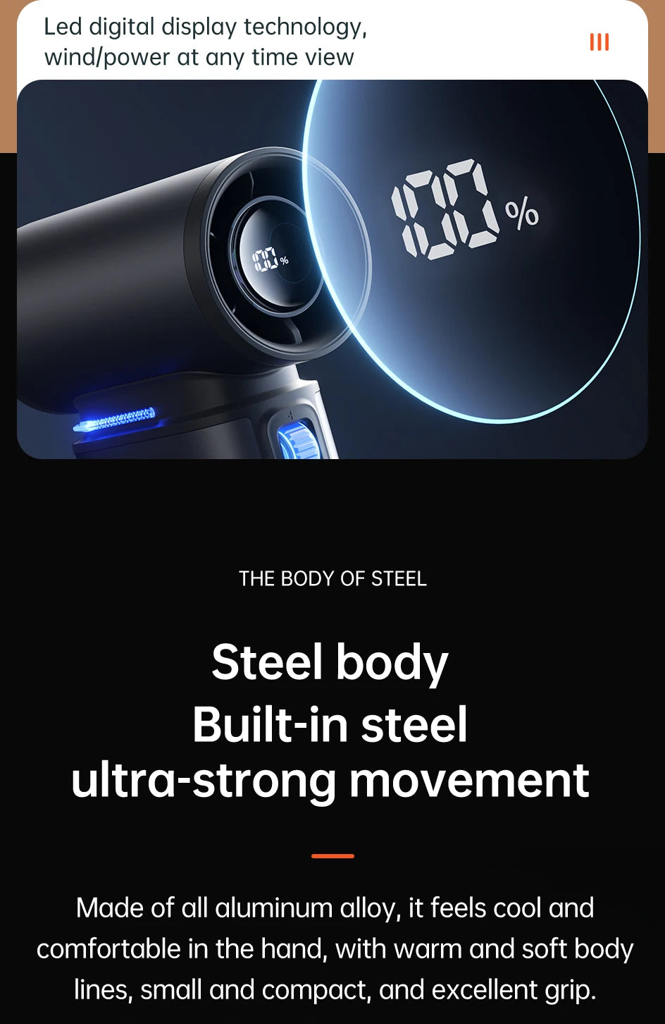 Turbo Handheld Fan – 100-Speed, 9000mAh Battery, LED Display for Outdoor Cooling