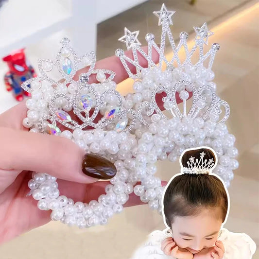 New Fashion Pearl Crown Princess Hair Bands for Girls Elastic Rubber Bands Children Ball Hair Bun Ties Hair Styling Accessories