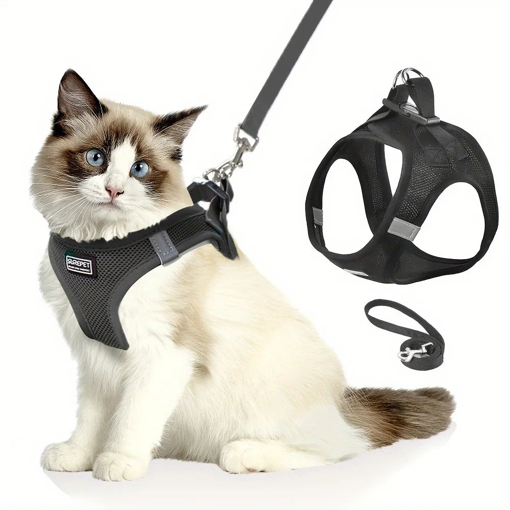 Adjustable cat harness with reflective tape, soft and breathable vest, suitable for walking and preventing escape