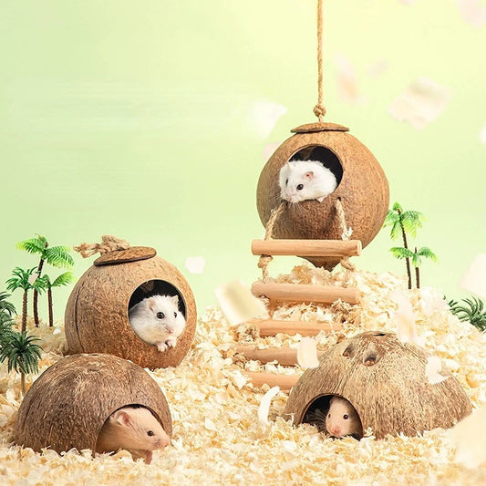 Hamster House Bite-resistant Natural Small Pet Coconut Cages Guinea-pig Hamster Hideout House Toy Wooden House Pet Supplies
