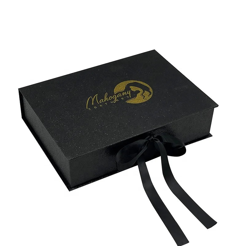 500pcs Luxury Black Wigs Box with Satin Insert Custom Human Hair Accessories Packaging Magnetic Lid  Beauty Box with Ribbon wj75