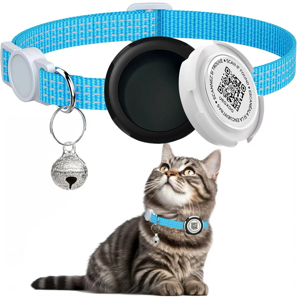 GPS Tracker Cat Collar with Airtag Case & QR ID Tag Dual Protection Reflective Kitten Collar for Cats Gatos Puppy Air Tag Cats
