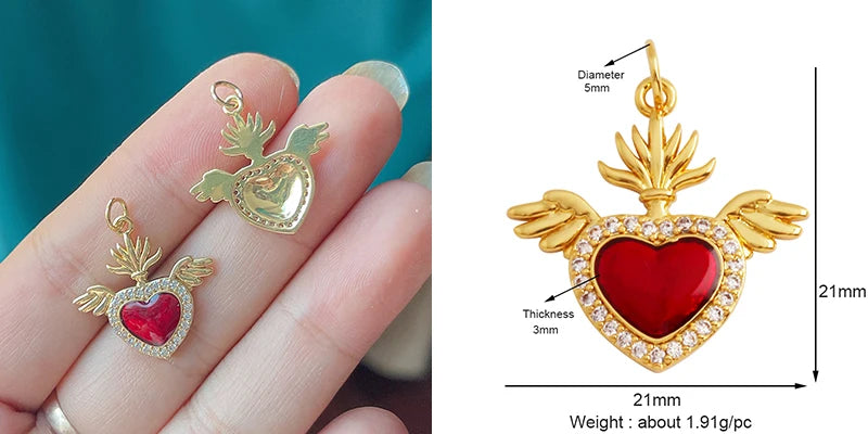 New Sacred Red Heart Charm Pendant 18K Gold Plated Zircon