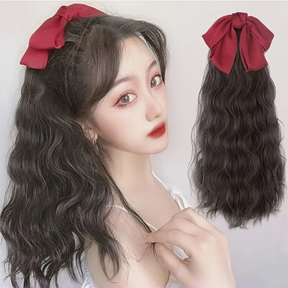 Water ripples wave loose Curly Synthetic Ponytail Hair Extension wig red Bowknot Tie up the ponytail Elegant women Hair fittings