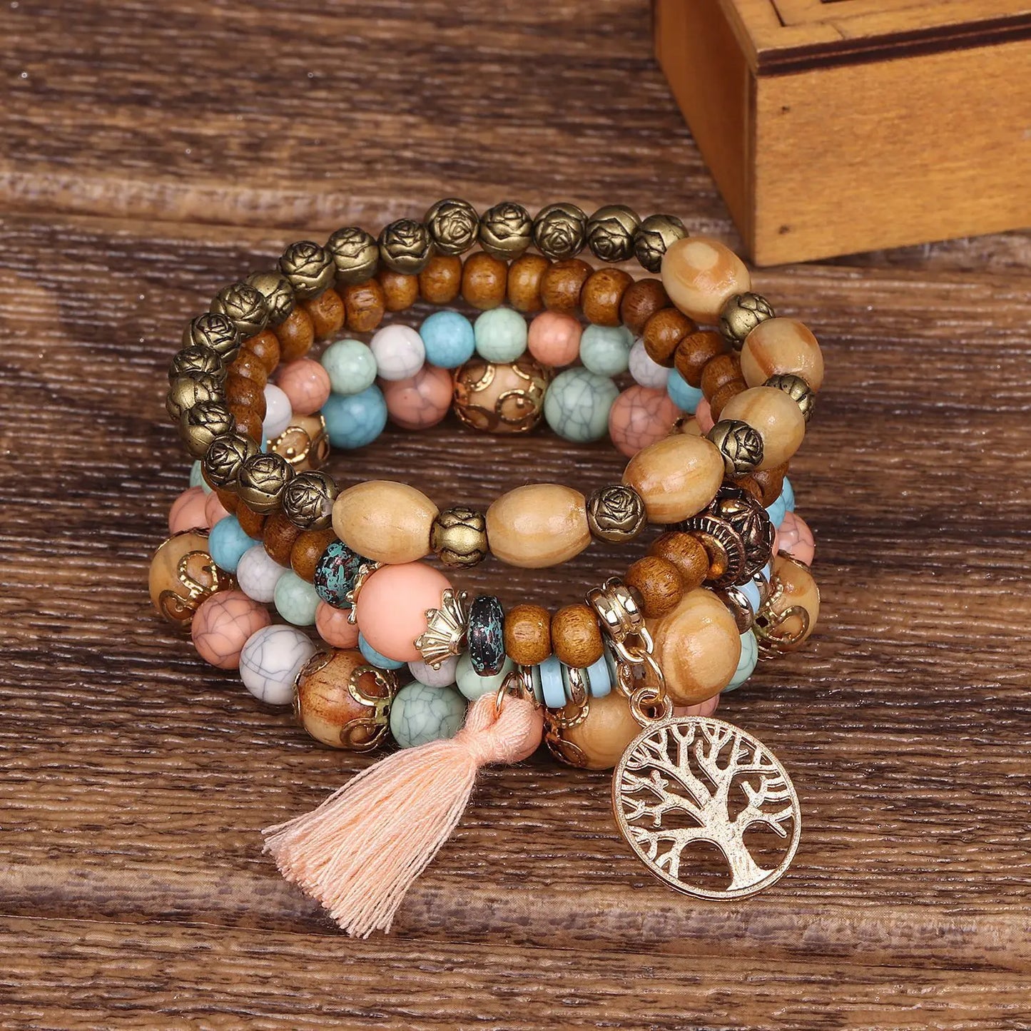 Bohemian Bracelet Creative Ladies Tree of Life Tassel Multi-layer Wooden Beaded Ethnic Style Fashion Women Bracelets Jewelry