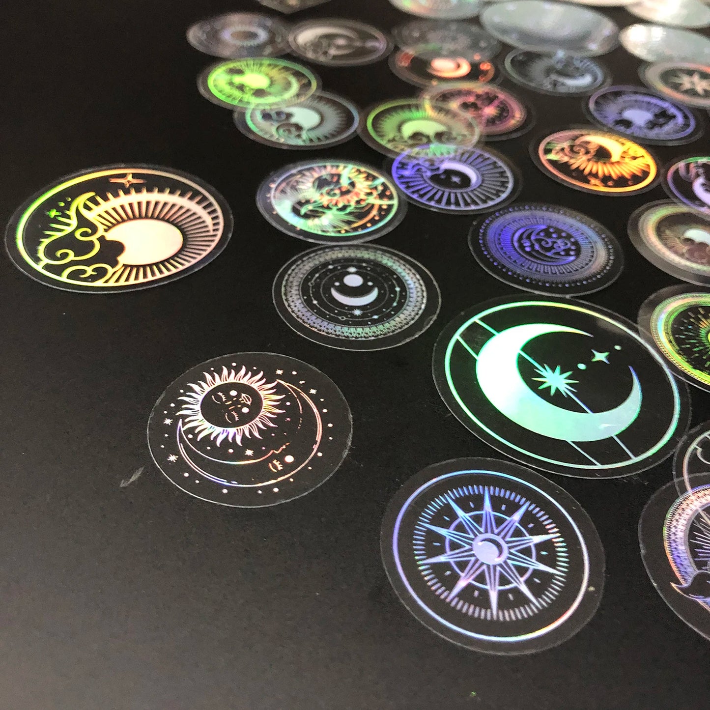 70 Pcs Glitter Gold PET Adhesive Stickers Waterproof Transparent Label Sun Moon Stars Design