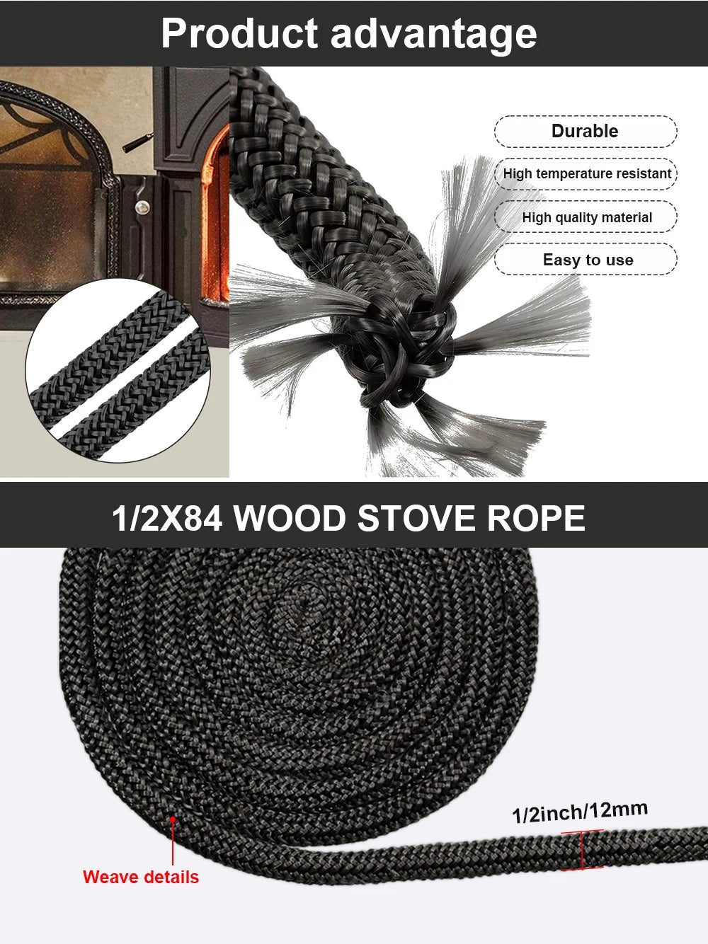 6/8/10/12mm 2M Wood Stove Gasket Fireplace Sealing Rope Fiberglass Fireproof Cord Wooden Burner Door Gasket Chimneys Boiler Seal