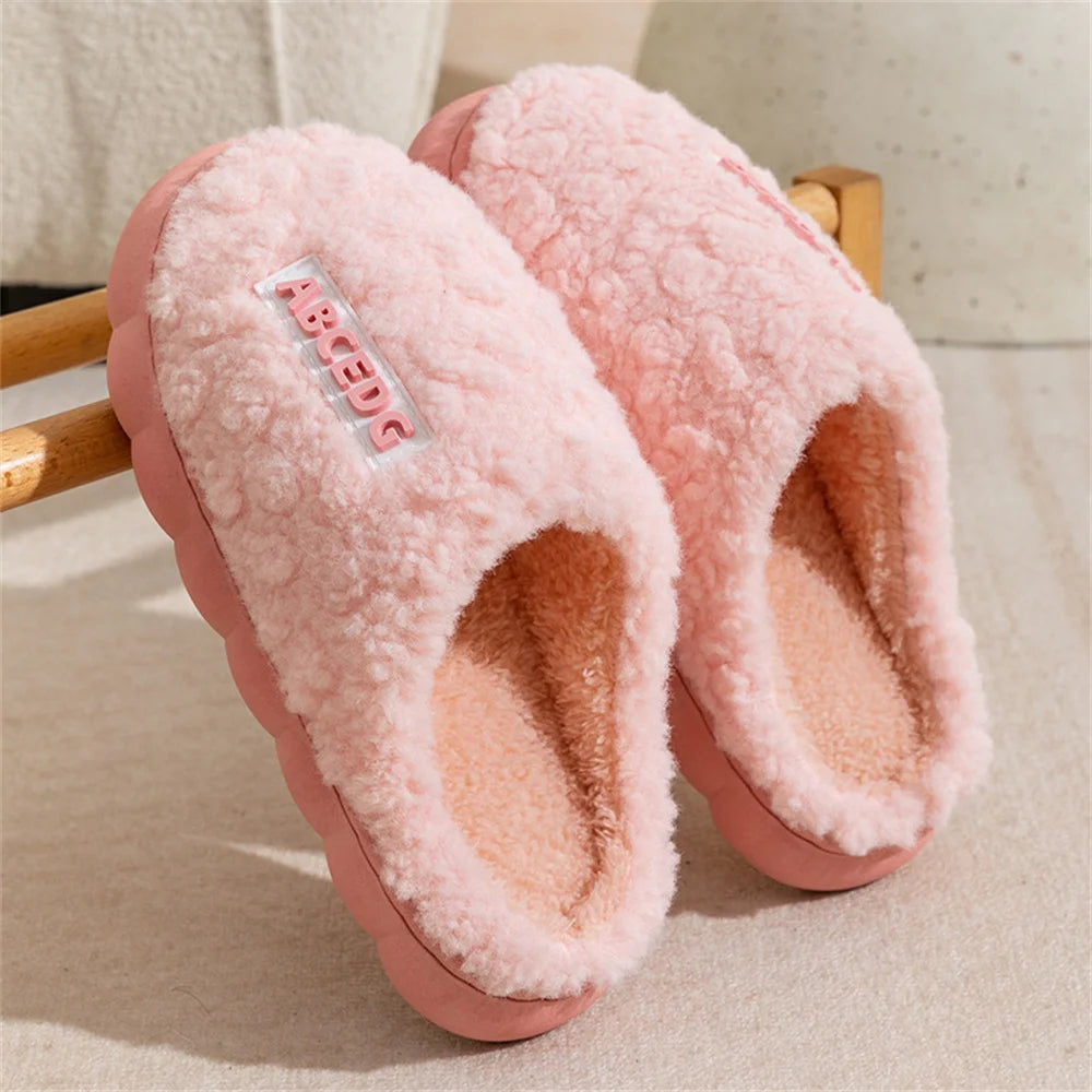 Women Winter Warm Home Slippers Thicken Indoor Boy Girl Floor Slides Plush High Heels Fur Cotton Shoes Ladies Couples Slipper