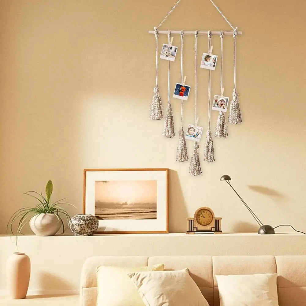 Hanging Photo Display Macrame Wall Art with 10 Clips Boho Decor