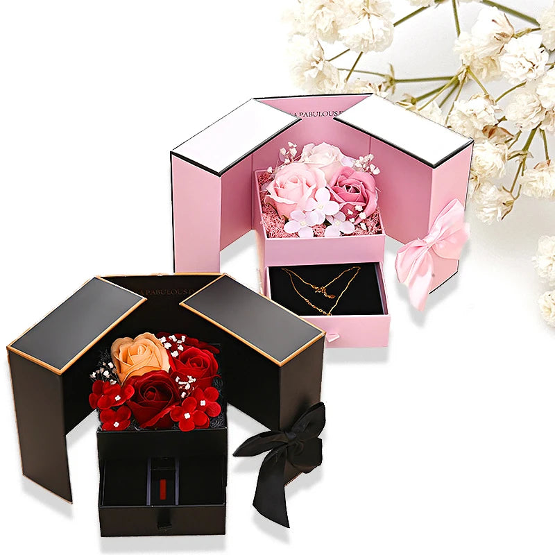 Rose Jewelry Gift Box Bow Packaging Luxury Double Door Drawer Necklace For Girlfriend Mom Simulation Flower Creative Romantic