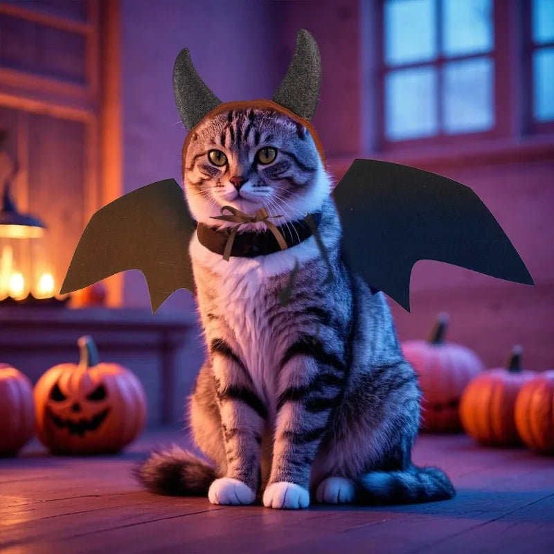 Pet Costume Set Cute Devil Transformation Outfit with Horns & Bat Wings Funny Animal Dress-Up for Cats Halloween Cosplay