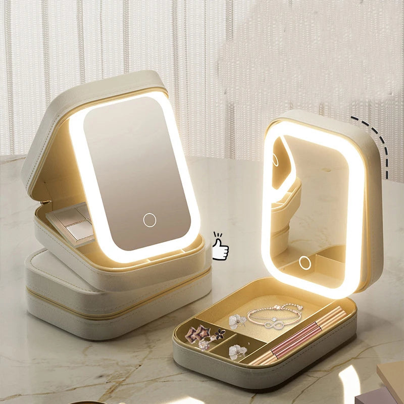 LED Mirror Makeup Storage Box Portable Travel Cosmetic Case Large Capacity with Built-In Light for Easy Application