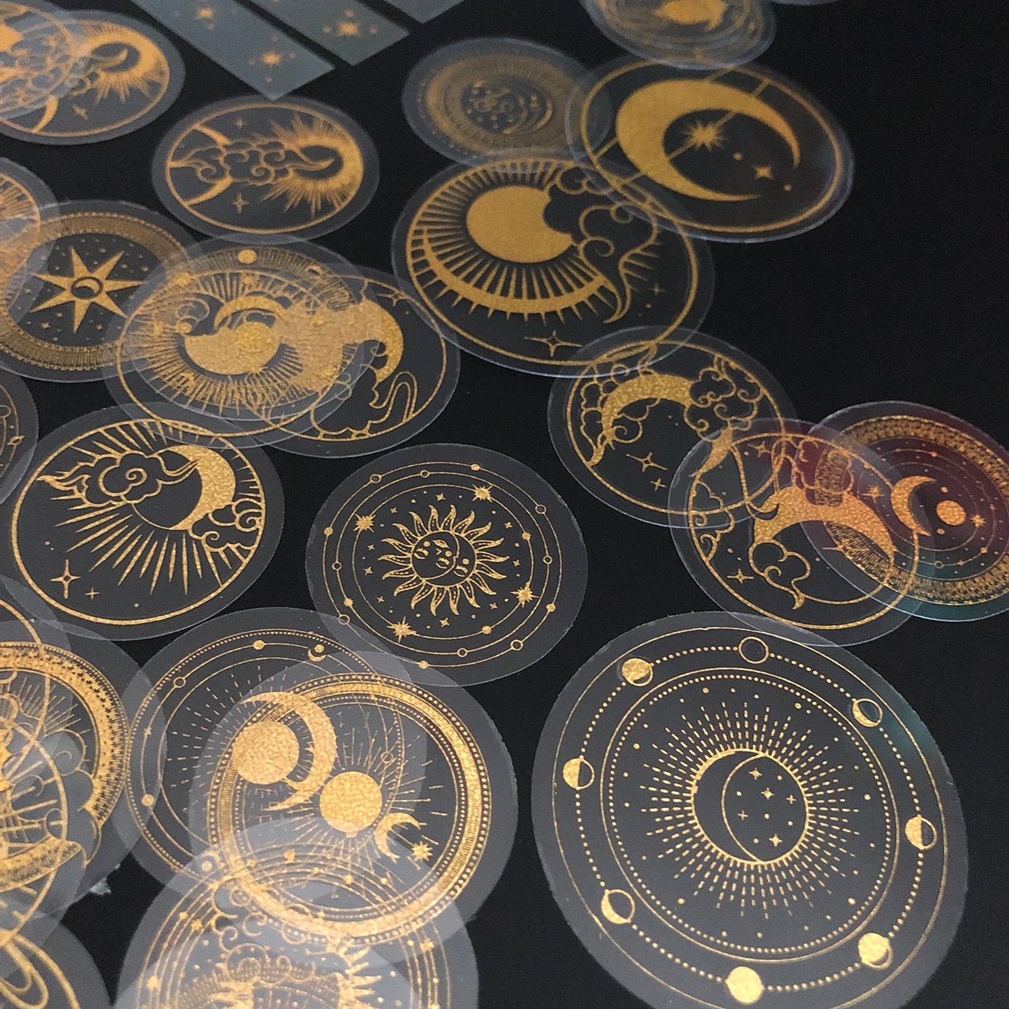 70 Pcs Glitter Gold PET Adhesive Stickers Waterproof Transparent Label Sun Moon Stars Design