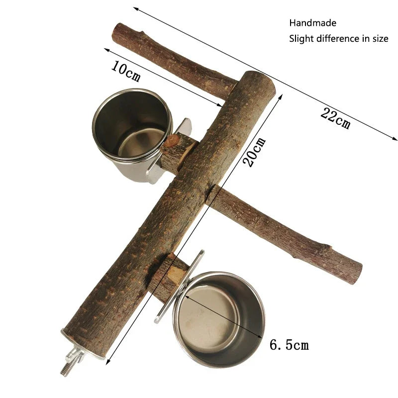 Stainless Steel Birds Parrot Feeder Bowl Round Small Pet  Natural Wood Stand Food Water Drinking Feeding Bowl Birds Supplies