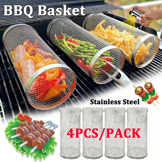 Rolling BBQ Basket – Stainless Steel Grilling Mesh Rack for Vegetables, Fish & Meat, Ideal for Camping BBQs