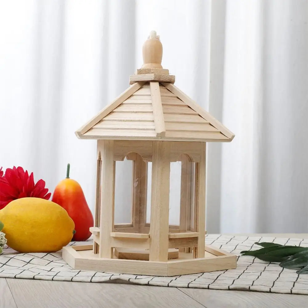 Durable House Shape Bird Feeder House Hanging Wooden Pet Feeder Box Bird Food Dispenser Balcony