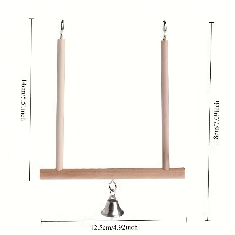 Birds Perch Parrot Play Toys Stand Holder natural Wooden Swing Bell Cage Hanging