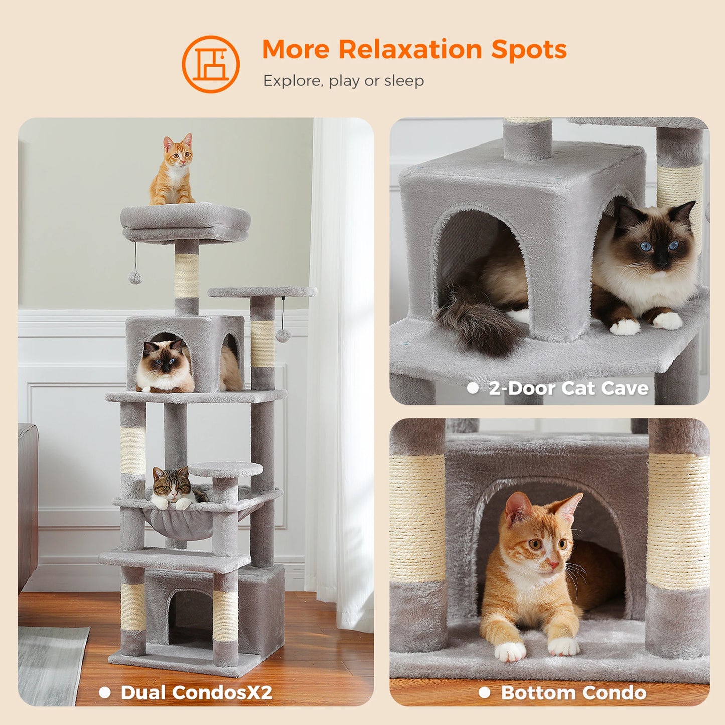 184cm Large Cat Tree and Tower for Indoor Cats With Scratching Posts and Spacious Hammocks