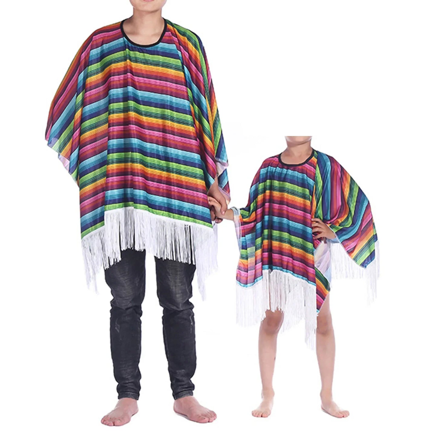 Mexican Party Costume for Kids and Adults with Colorful Cloak Wide Brimmed Sombrero