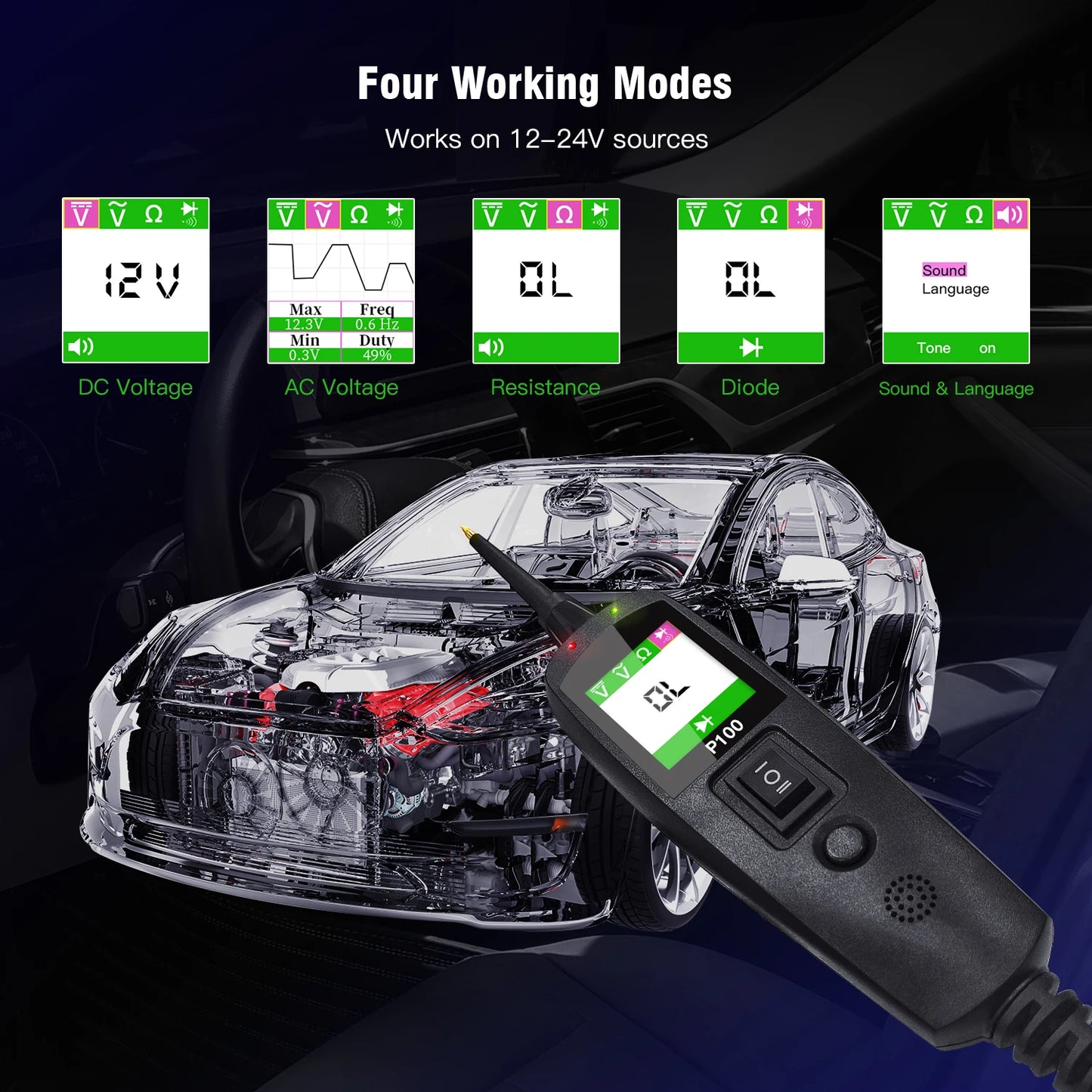 TopDiag Automotive Voltage Diagnosis Circuit Tester P100 2V-24V Automotive Tester Maintenance Tools