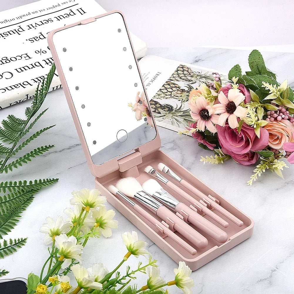 Lighted Rotatable Makeup Mirror with 5 Essential Makeup Brushes Portable Beauty Accessory for Travel