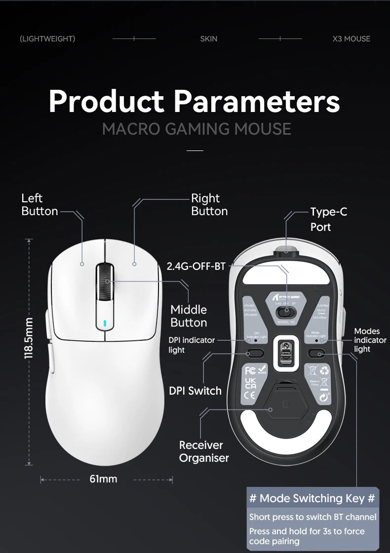 Ratón Bluetooth PixArt PAW3395 X3, conexión trimodo de 2,4 G, 26 000 ppp, 650 IPS, 49 g, ligero, para juegos macro