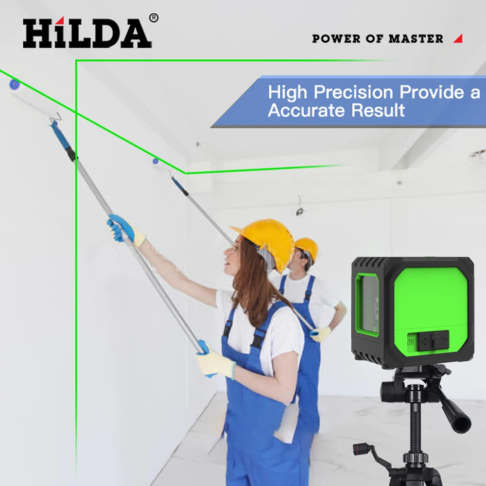 HILDA 2 Lines Mini Laser Level Self Levelling Green Beams Laser Horizontal & Vertical Cross-Line USB Charging