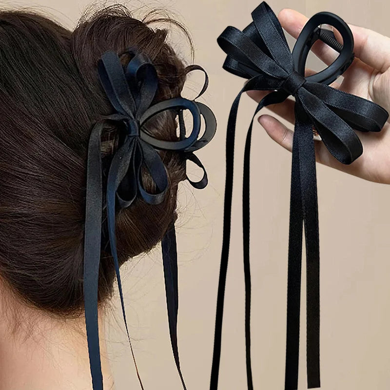 Vintage Long Satin Hairpins Big Velvet Bow Fashion Elegant Women Black Bowknot Hair Claw Hair Clips Korean Hair Accessories