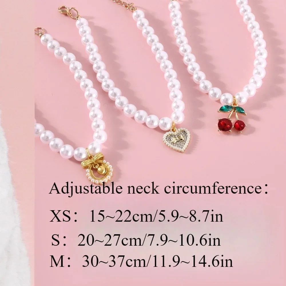 Pet Princess Style Pearl Cherry Love Bow Pendant Necklace Cat Bichon Dog Birthday Ins Wind Collar
