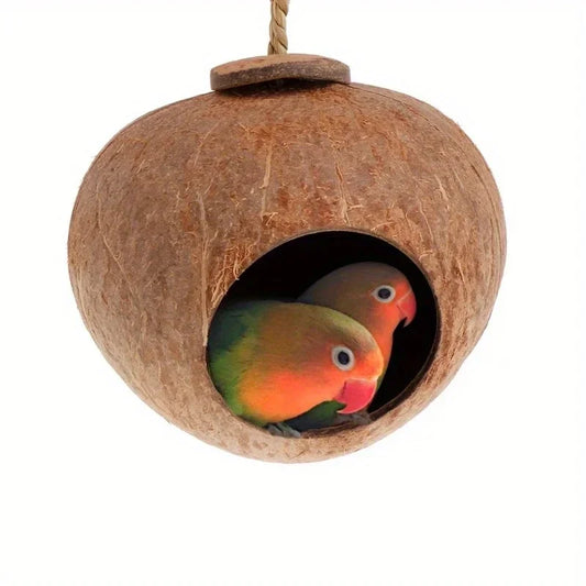 1Pc Natural Coconut Shell Bird Nest House with Hanging Lanyard for Pet Parrot Budgie Unique Hand-Made Birdhouse Toys